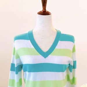 🌴Lily Pulitzer V-Neck Pullover Top, Size M, Blue-Green/White/Lime Stripe